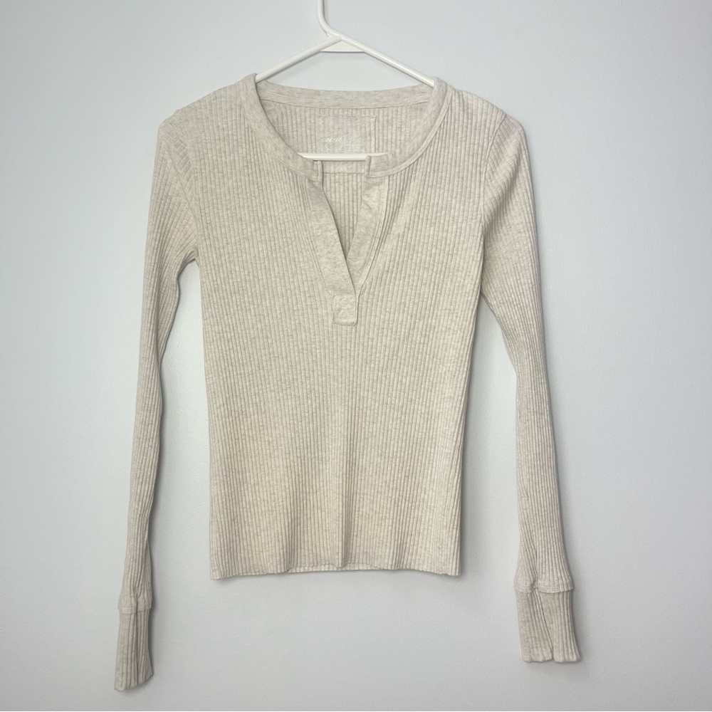 Aerie Cream Ribbed Henley Long Sleeve Shirt Size Small